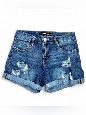 Dollhouse blue mid wash highrise distressed rolled hem denim summer shorts Sz10